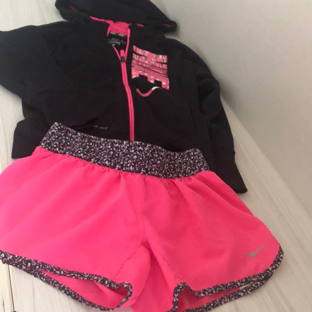 Nike girls zip sweatshirt and workout shorts